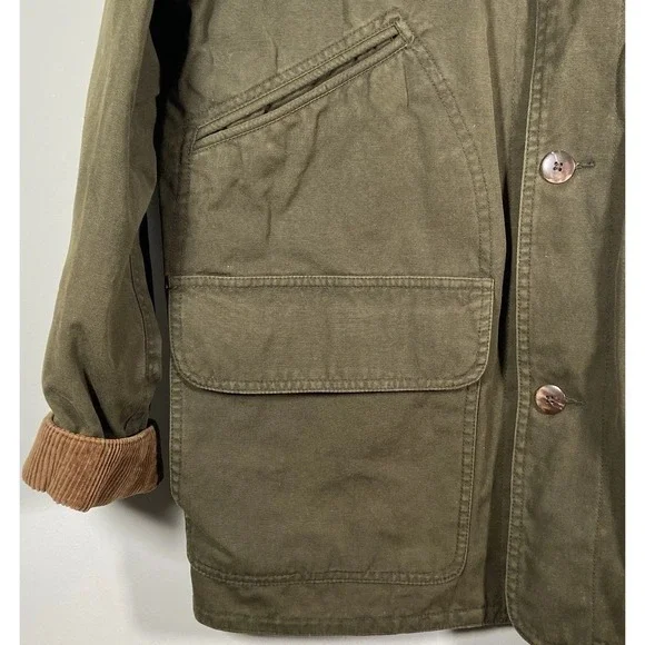 Club Room Chore Jacket Men Medium Olive Leather Collar Plaid Lined Utility Coat